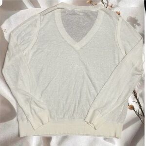 Loft White Open-Knit V-Neck Sweater – Lightweight, Long Sleeve, Breathable